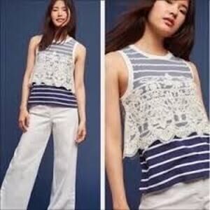 Anthropologie Postmark Laced Layered Striped High Neck Cotton Nautique Tank Top